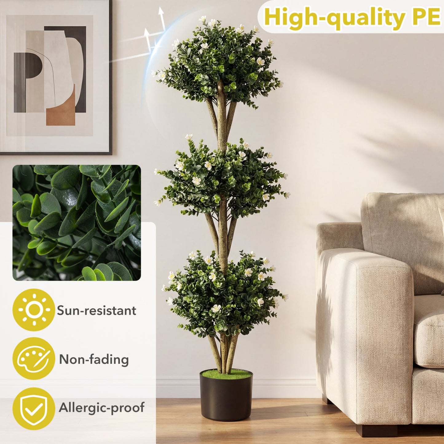 51" Artificial Triple Ball Boxwood Topiary Tree with 59 Blossoms Set of 2