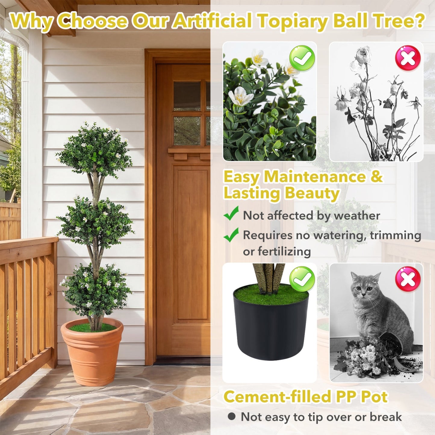 51" Artificial Triple Ball Boxwood Topiary Tree with 59 Blossoms Set of 2
