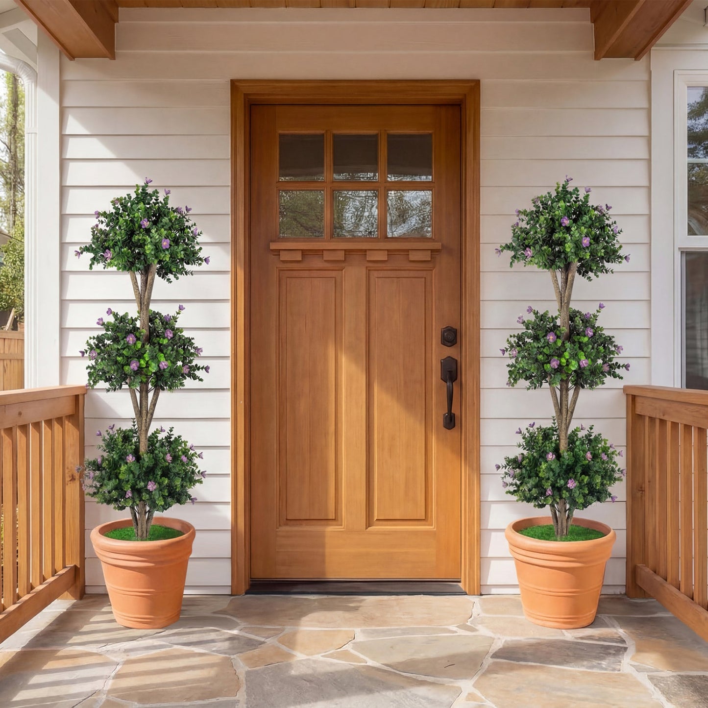 51" Artificial Triple Ball Boxwood Topiary Tree with 59 Blossoms Set of 2