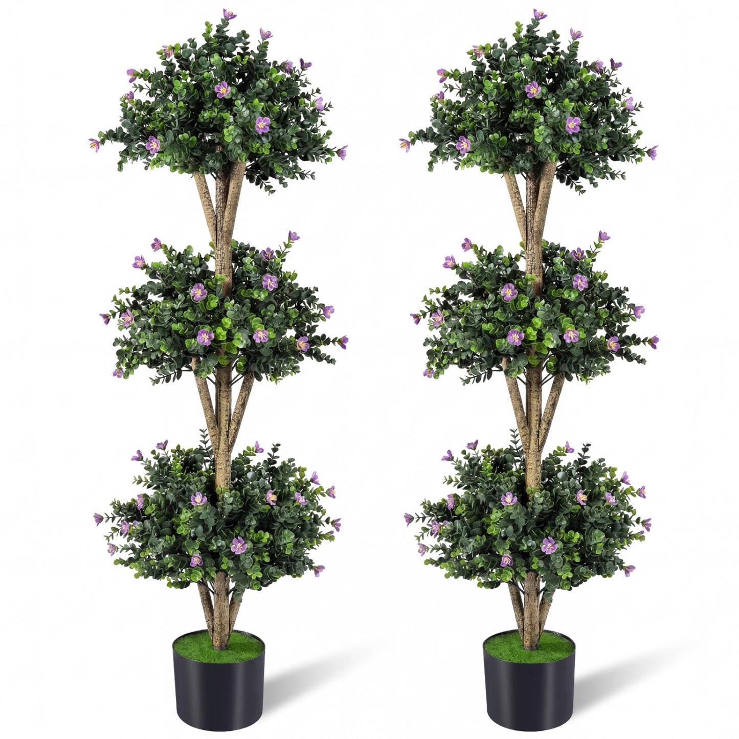 51" Artificial Triple Ball Boxwood Topiary Tree with 59 Blossoms Set of 2