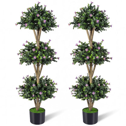 51" Artificial Triple Ball Boxwood Topiary Tree with 59 Blossoms Set of 2