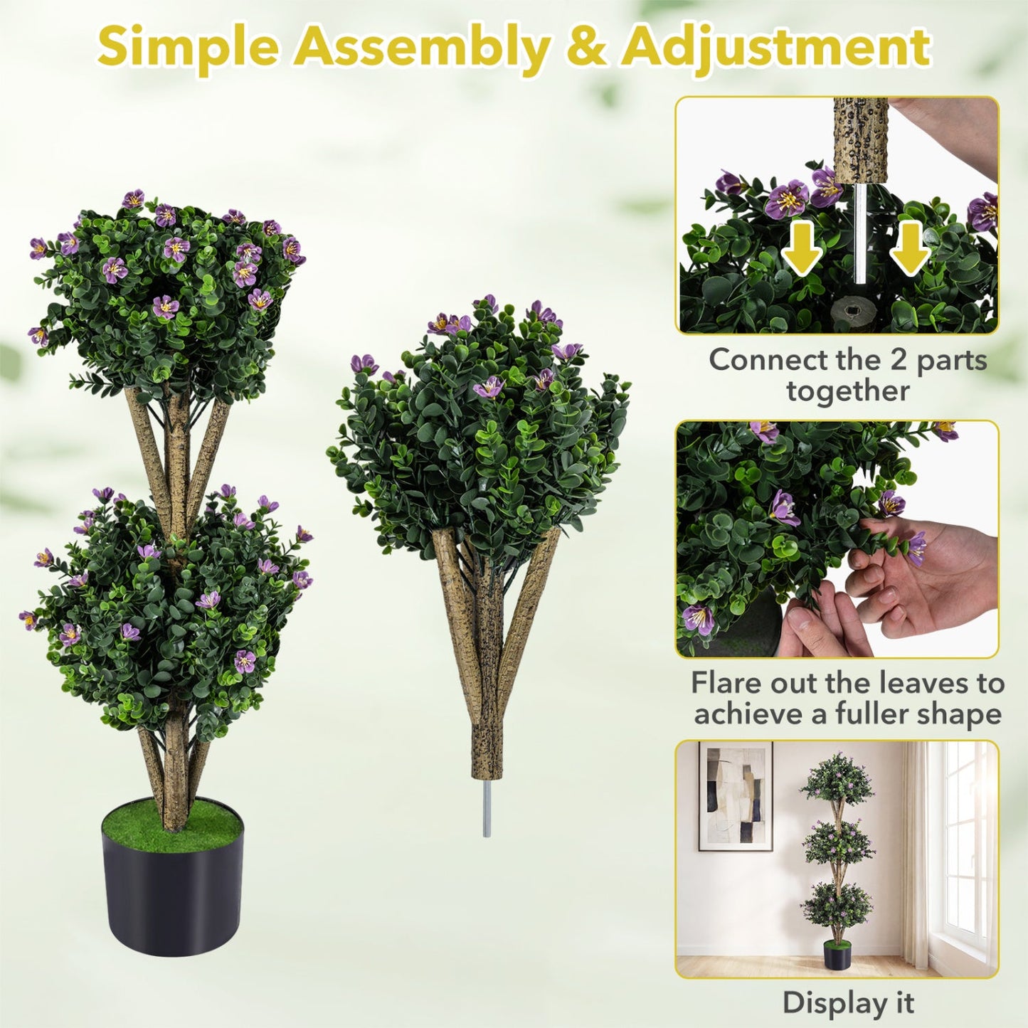 51" Artificial Triple Ball Boxwood Topiary Tree with 59 Blossoms Set of 2