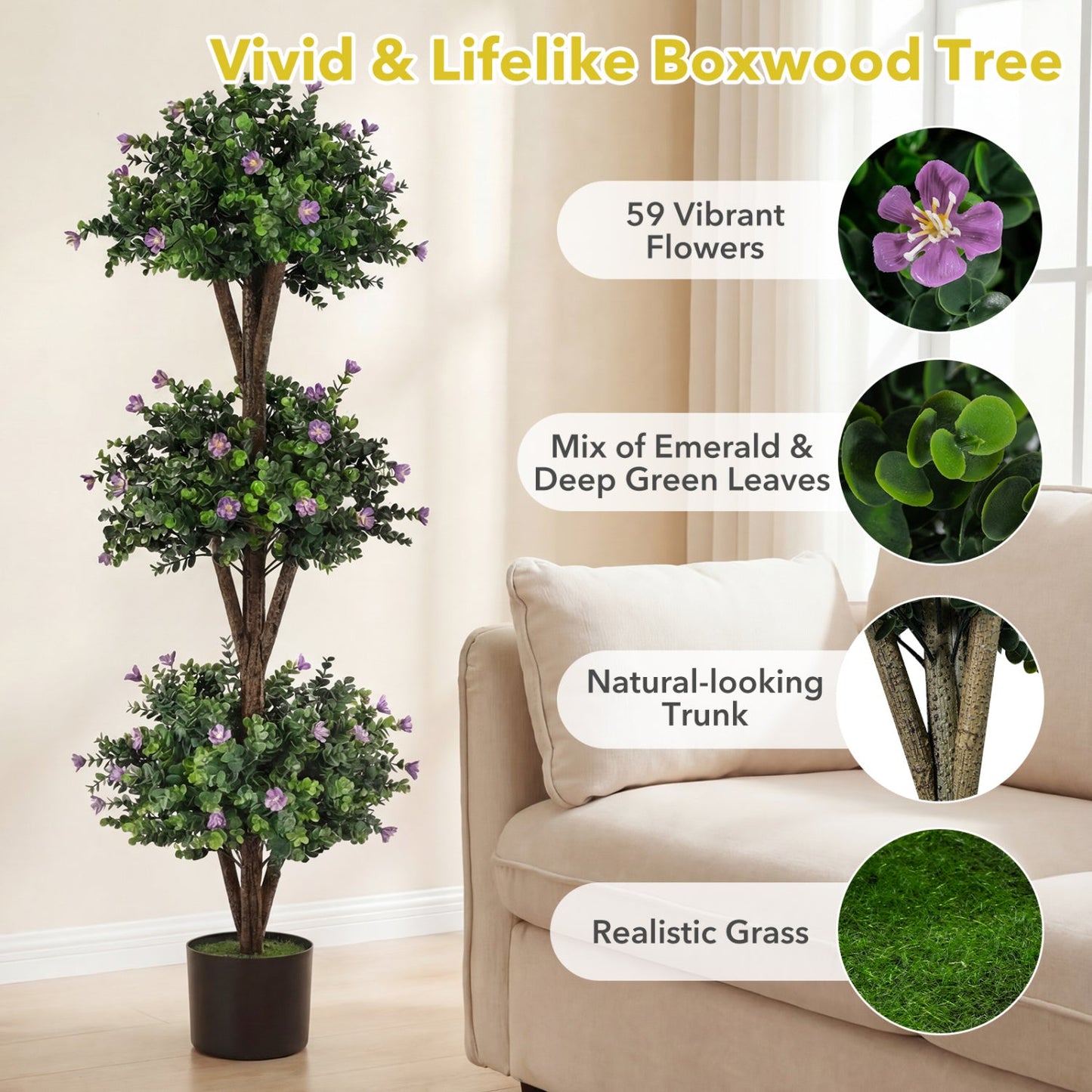51" Artificial Triple Ball Boxwood Topiary Tree with 59 Blossoms Set of 2