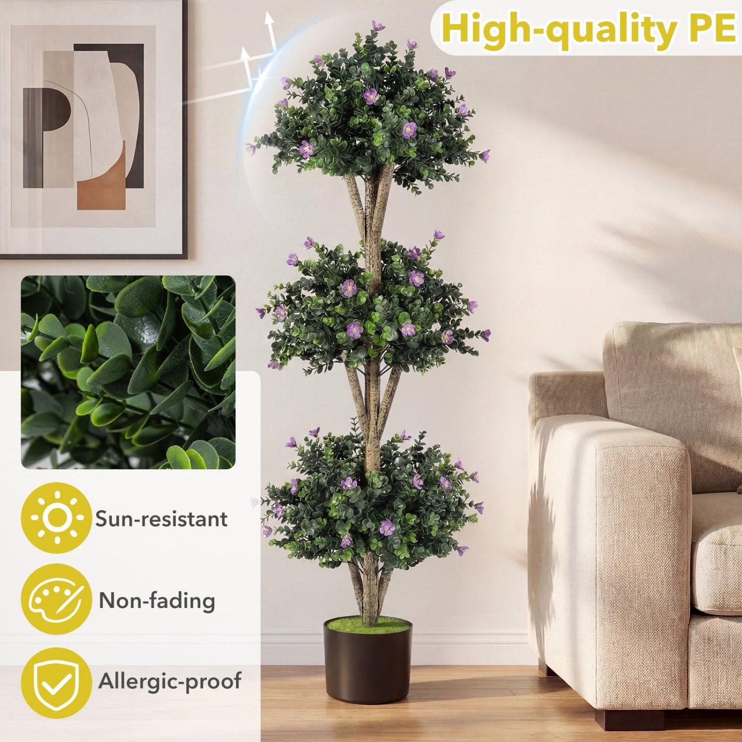 51" Artificial Triple Ball Boxwood Topiary Tree with 59 Blossoms Set of 2