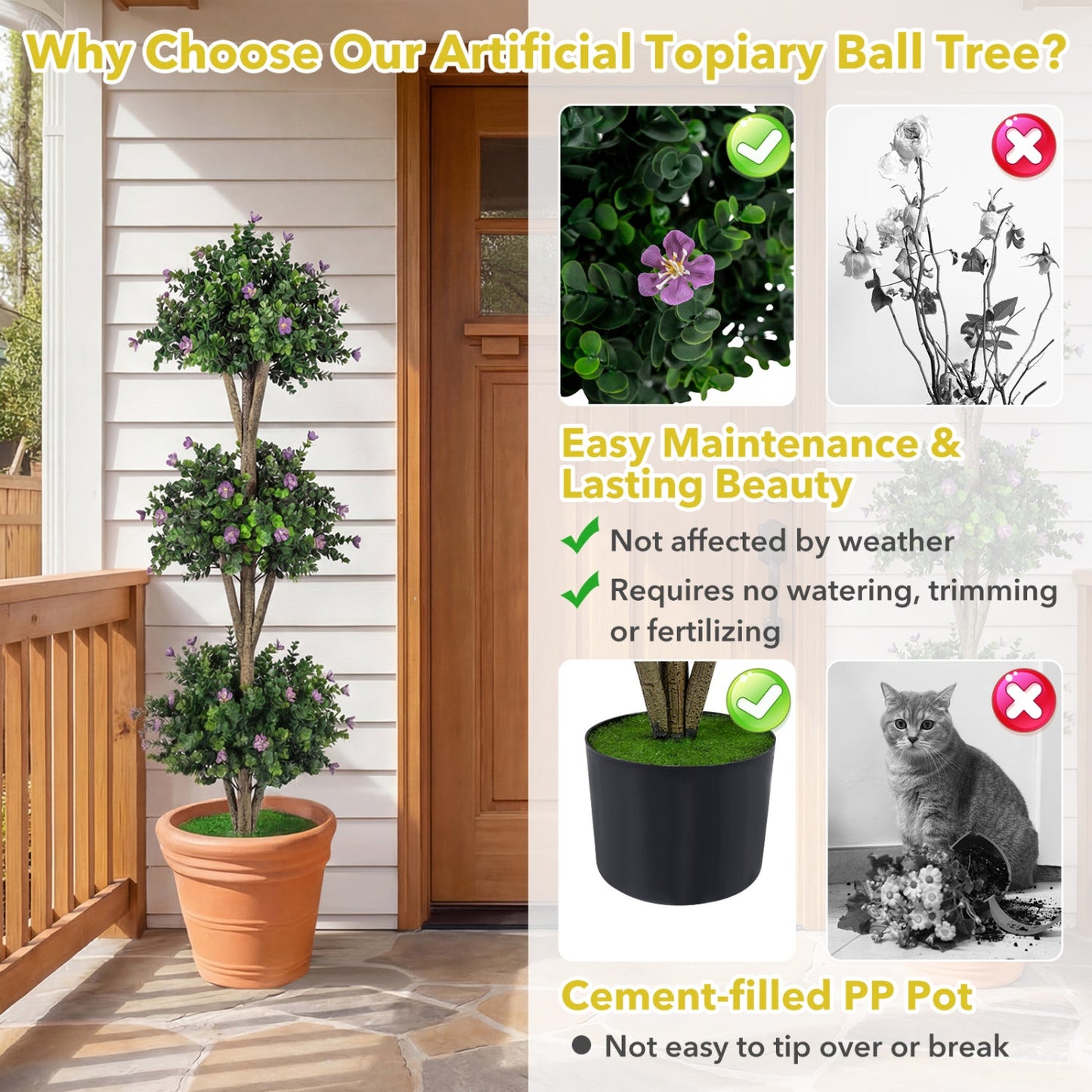 51" Artificial Triple Ball Boxwood Topiary Tree with 59 Blossoms Set of 2