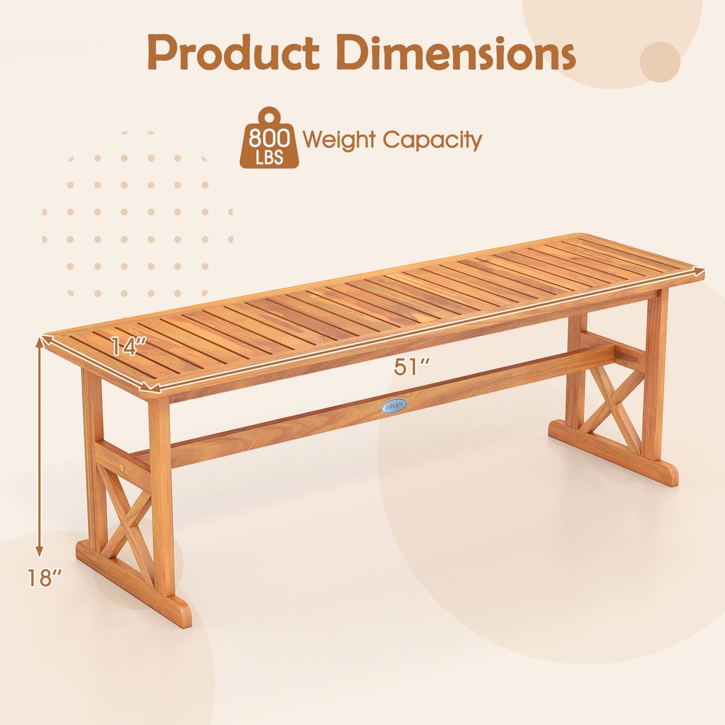 51 Inches Outdoor Acacia Wood Bench with Slatted Seat and 800 lbs Weight Capacity