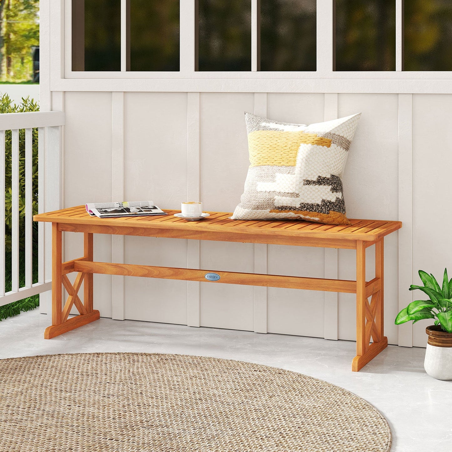 51 Inches Outdoor Acacia Wood Bench with Slatted Seat and 800 lbs Weight Capacity