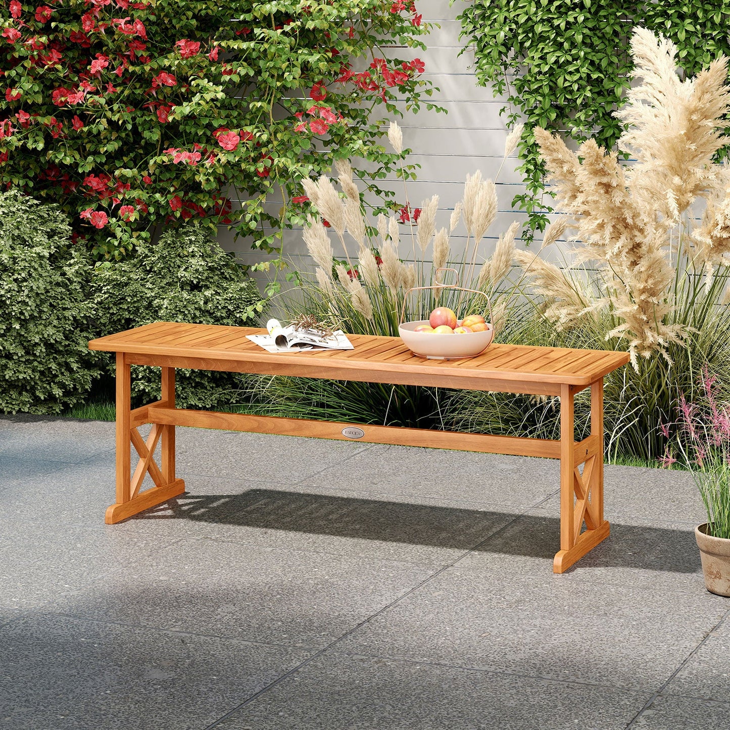 51 Inches Outdoor Acacia Wood Bench with Slatted Seat and 800 lbs Weight Capacity