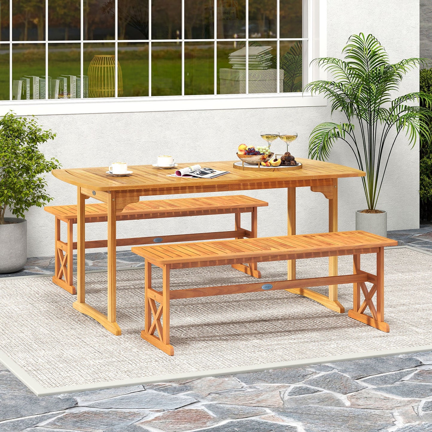 51 Inches Outdoor Acacia Wood Bench with Slatted Seat and 800 lbs Weight Capacity