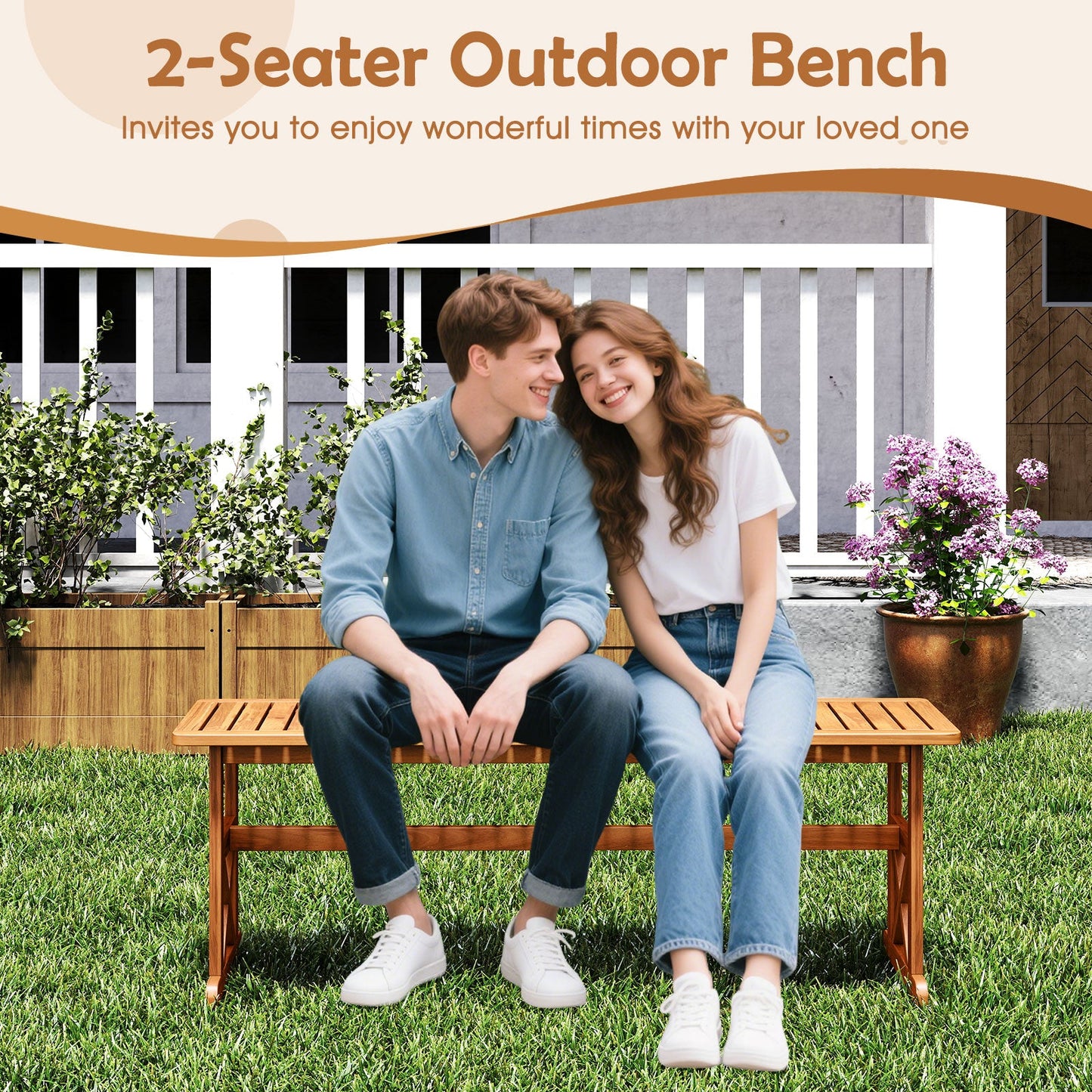 51 Inches Outdoor Acacia Wood Bench with Slatted Seat and 800 lbs Weight Capacity