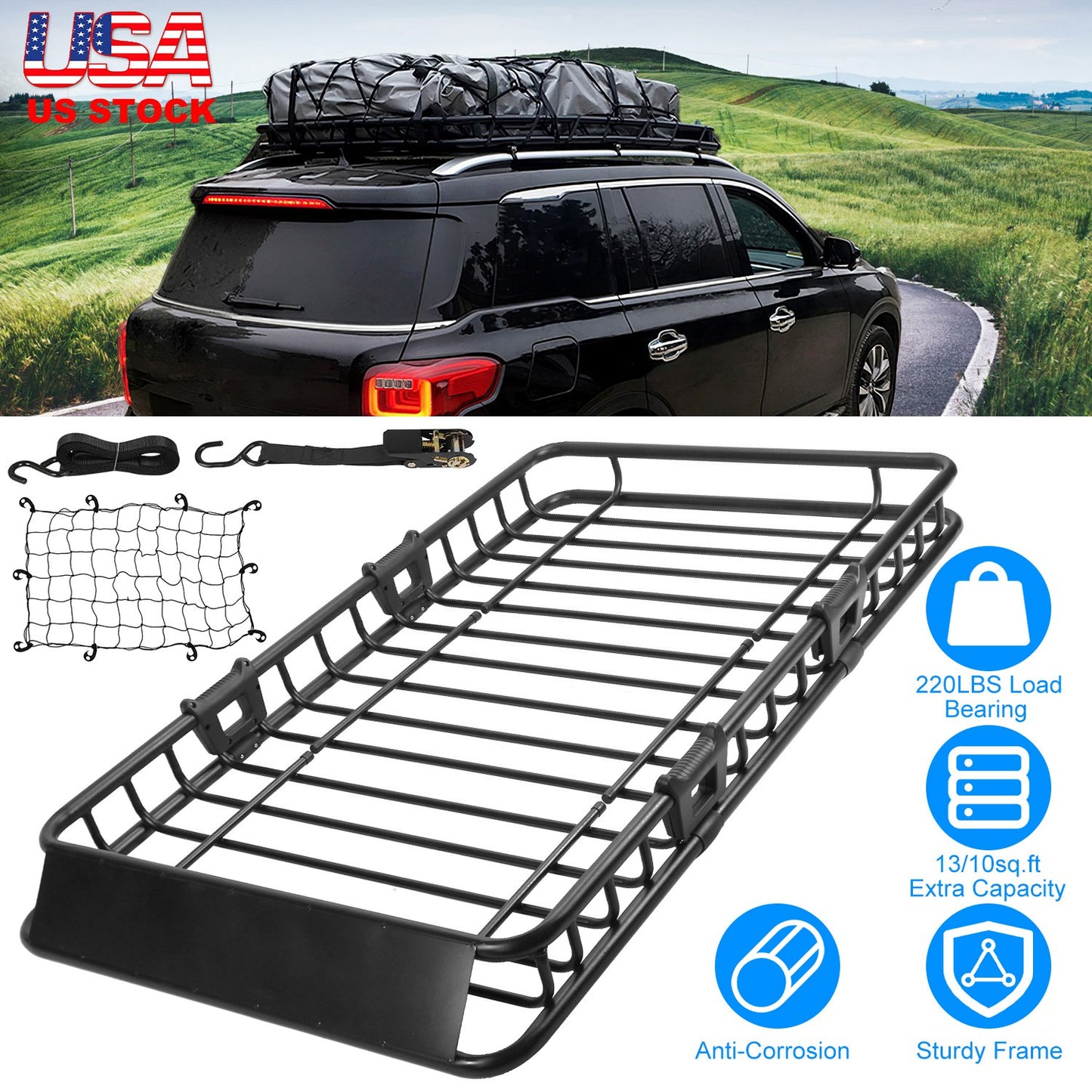 Roof Rack Cargo Carrier 63x39in with Net & Straps