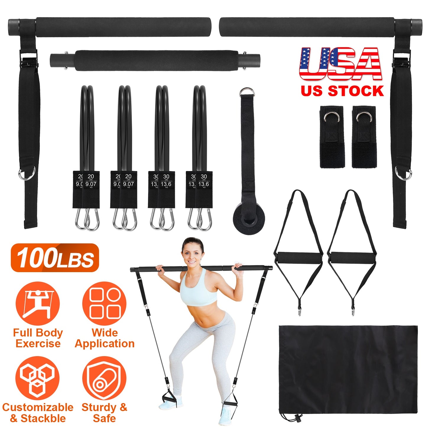 Pilates Bar Kit with 100LBS Resistance Bands & Accessories