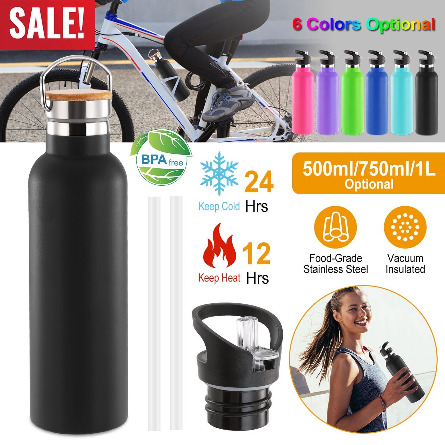 Insulated Stainless Steel Water Bottle with Dual Lids & Straws