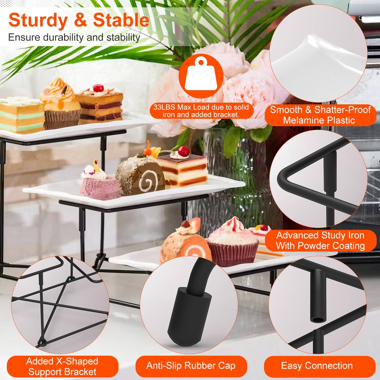 3-Tier Serving Tray with Adjustable Stand - White & Black