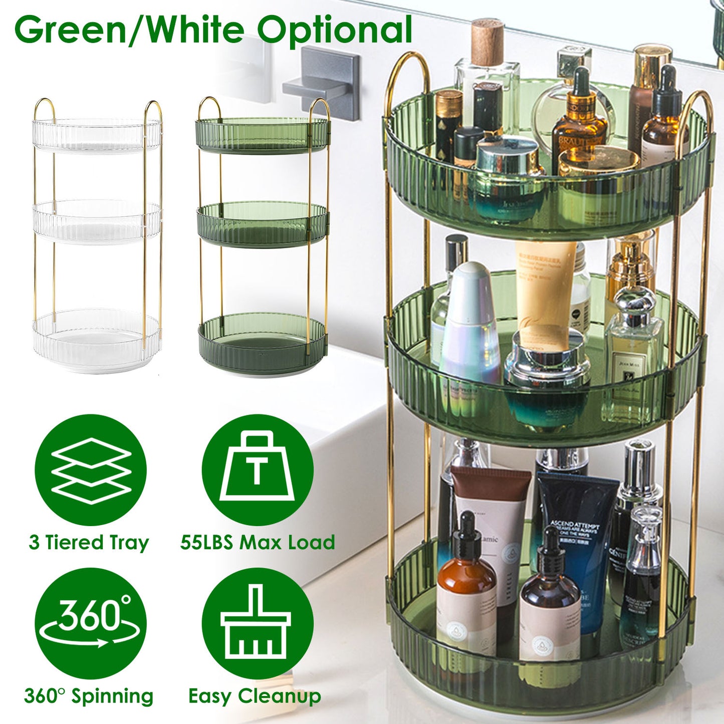 3-Tier Rotating Makeup Organizer with 360° Spin