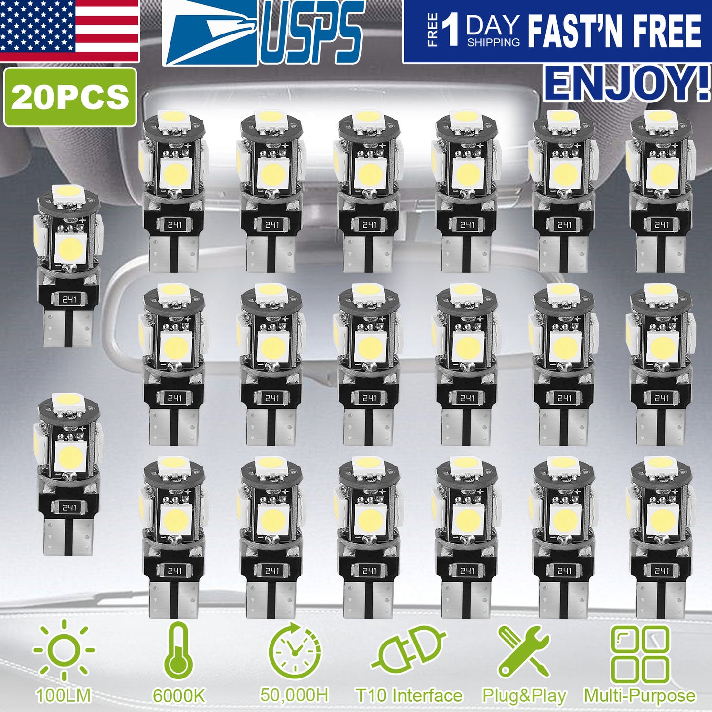 T10 LED Light Bulbs 20-Pack 6000K White Car Interior Lights