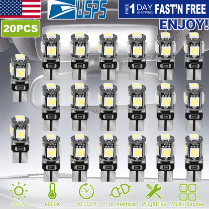 T10 LED Light Bulbs 20-Pack 6000K White Car Interior Lights
