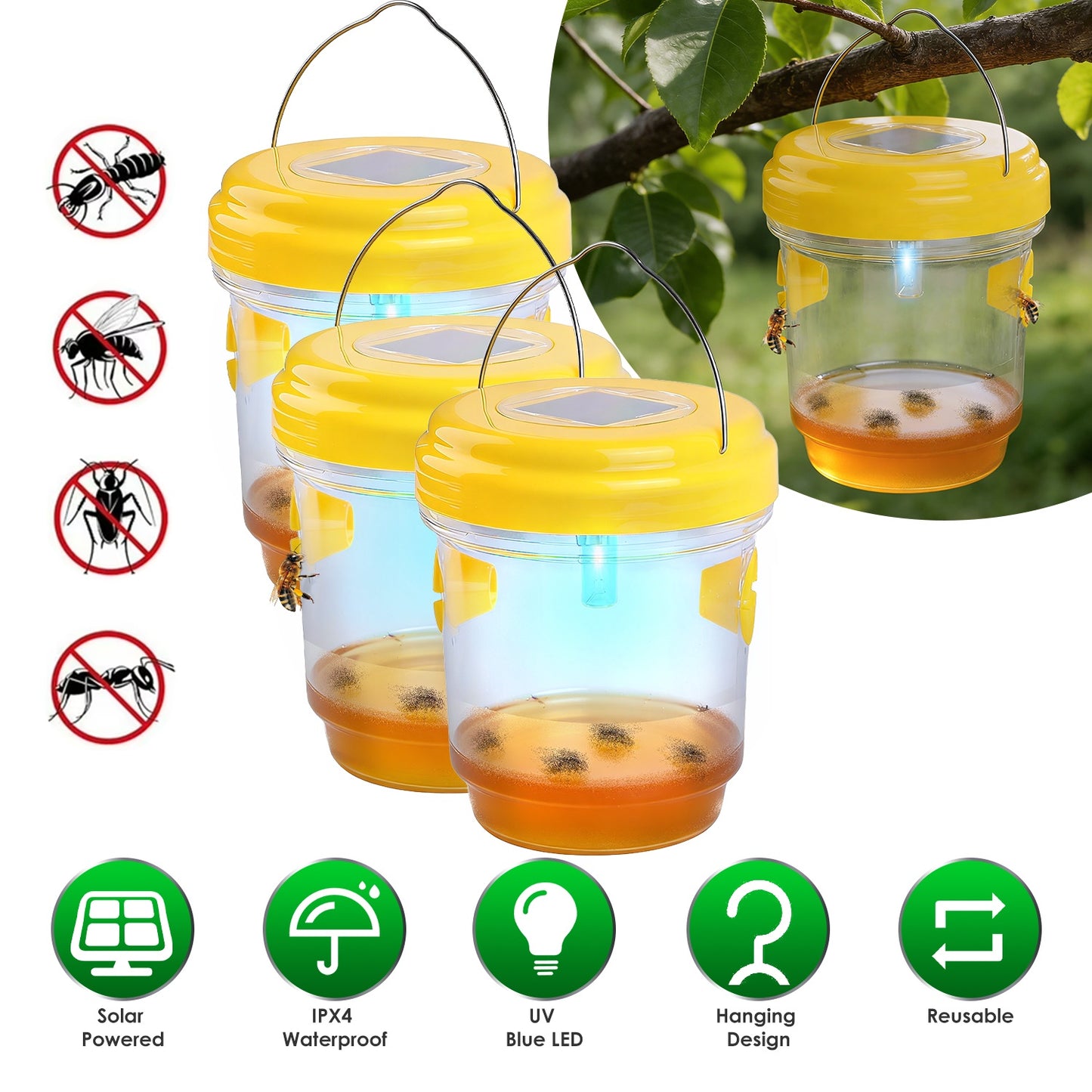Solar Wasp Trap with UV Light - 3 Pack Outdoor Hanging