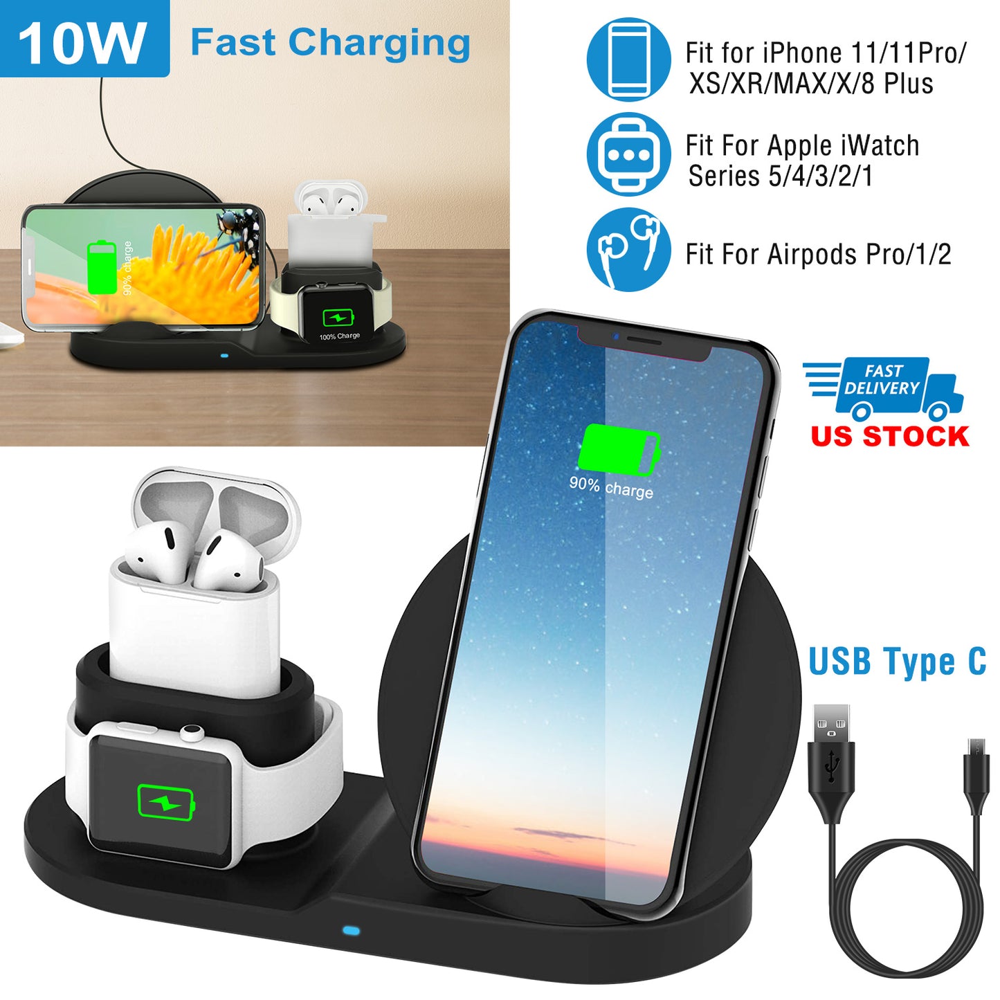 3-in-1 Wireless Charging Station 10W Fast Charge Dock