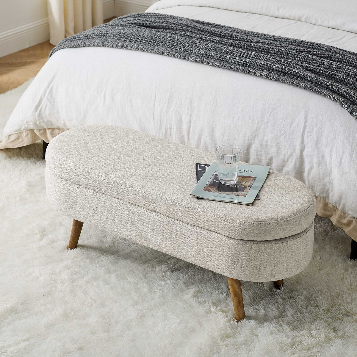 Oval Storage Ottoman Bench, Upholstered Storage Bench with Rubberwood Legs, Multifunctional Entryway Bench for Bedroom L