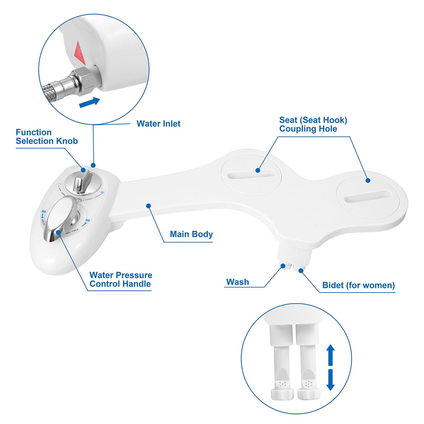 Non-Electric Bidet Attachment with Dual Nozzle Self-Cleaning