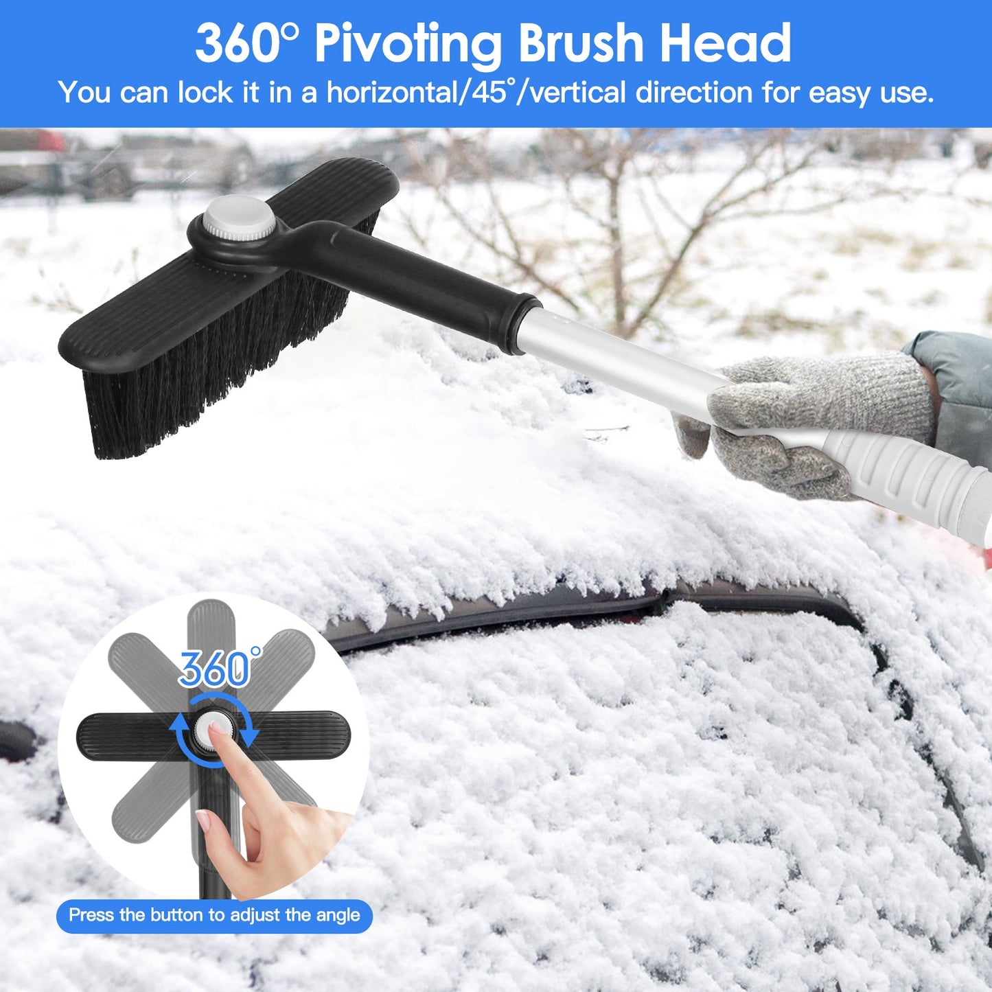 Extendable Snow Brush and Ice Scraper with 360° Pivoting Head