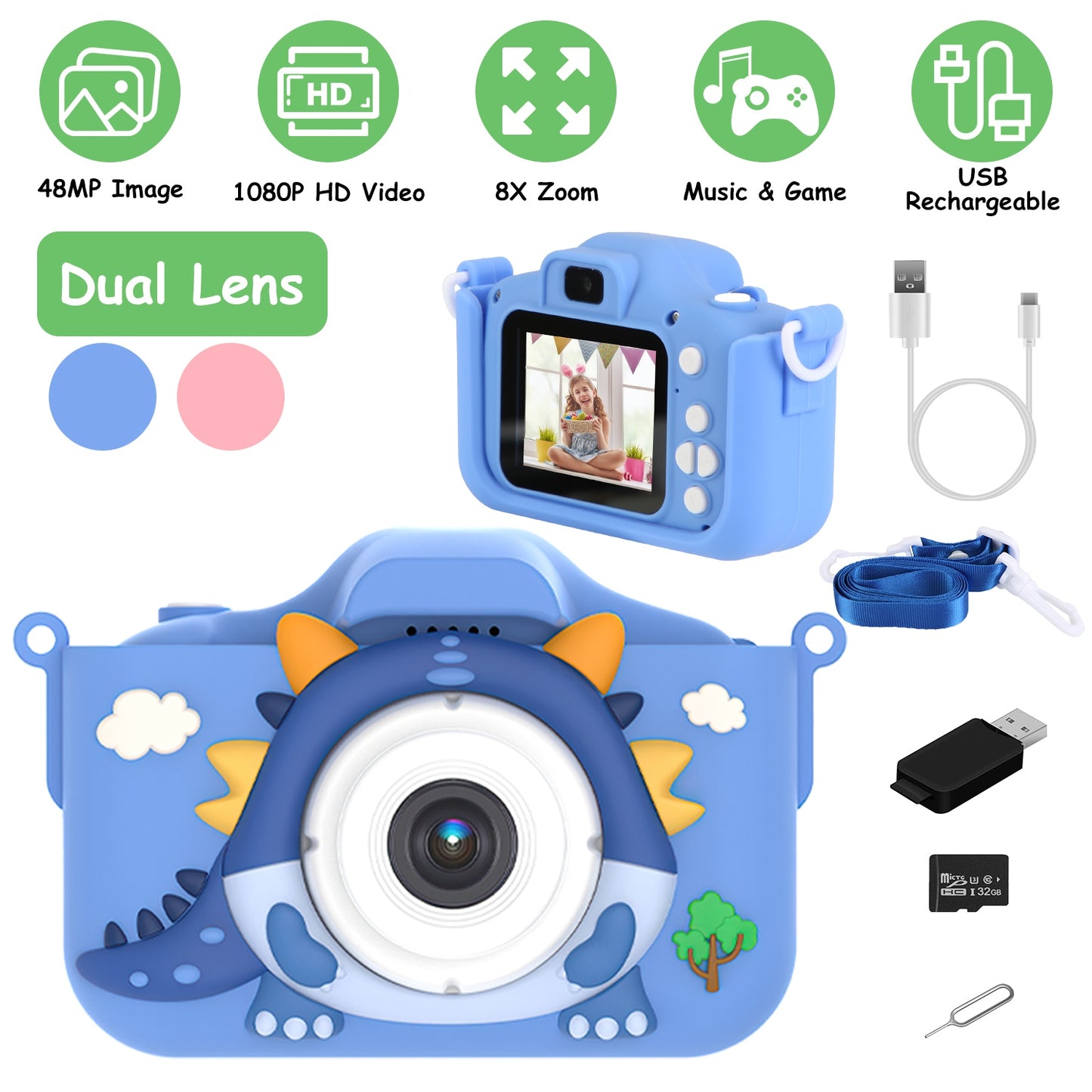 Kids Selfie Camera 48MP 1080P HD with Dinosaur Case