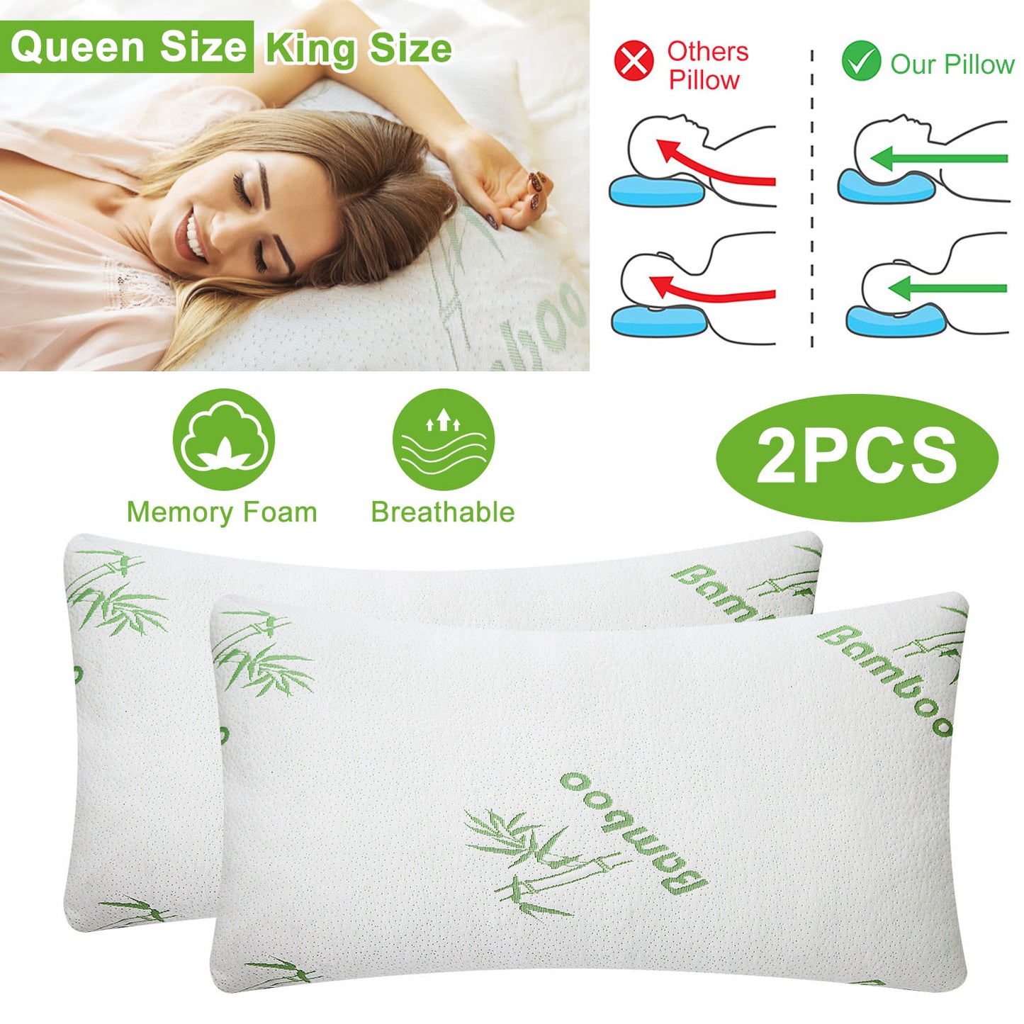 Memory Foam Pillow Set with Bamboo Cover - Queen Size (2-Pack)