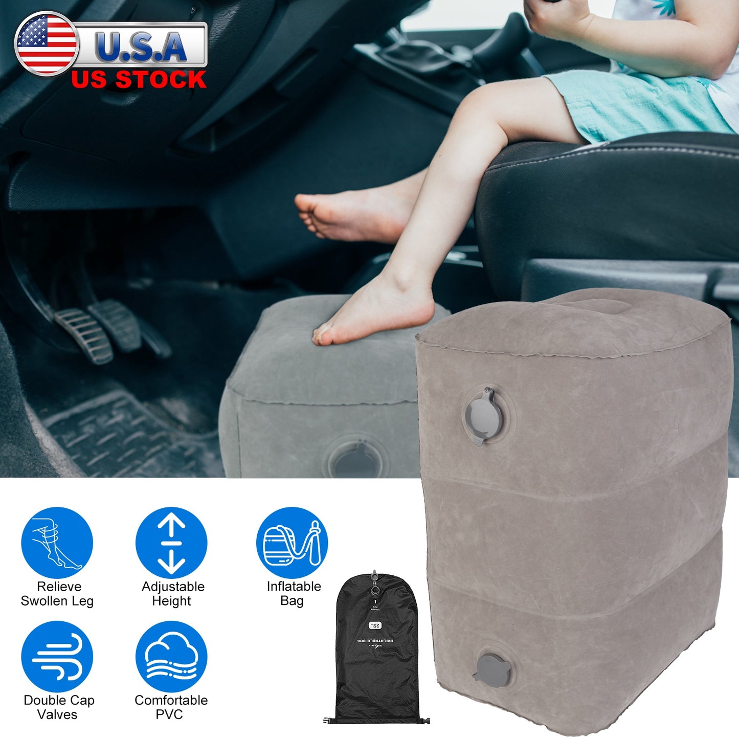 Inflatable Foot Rest with 3 Adjustable Heights for Travel