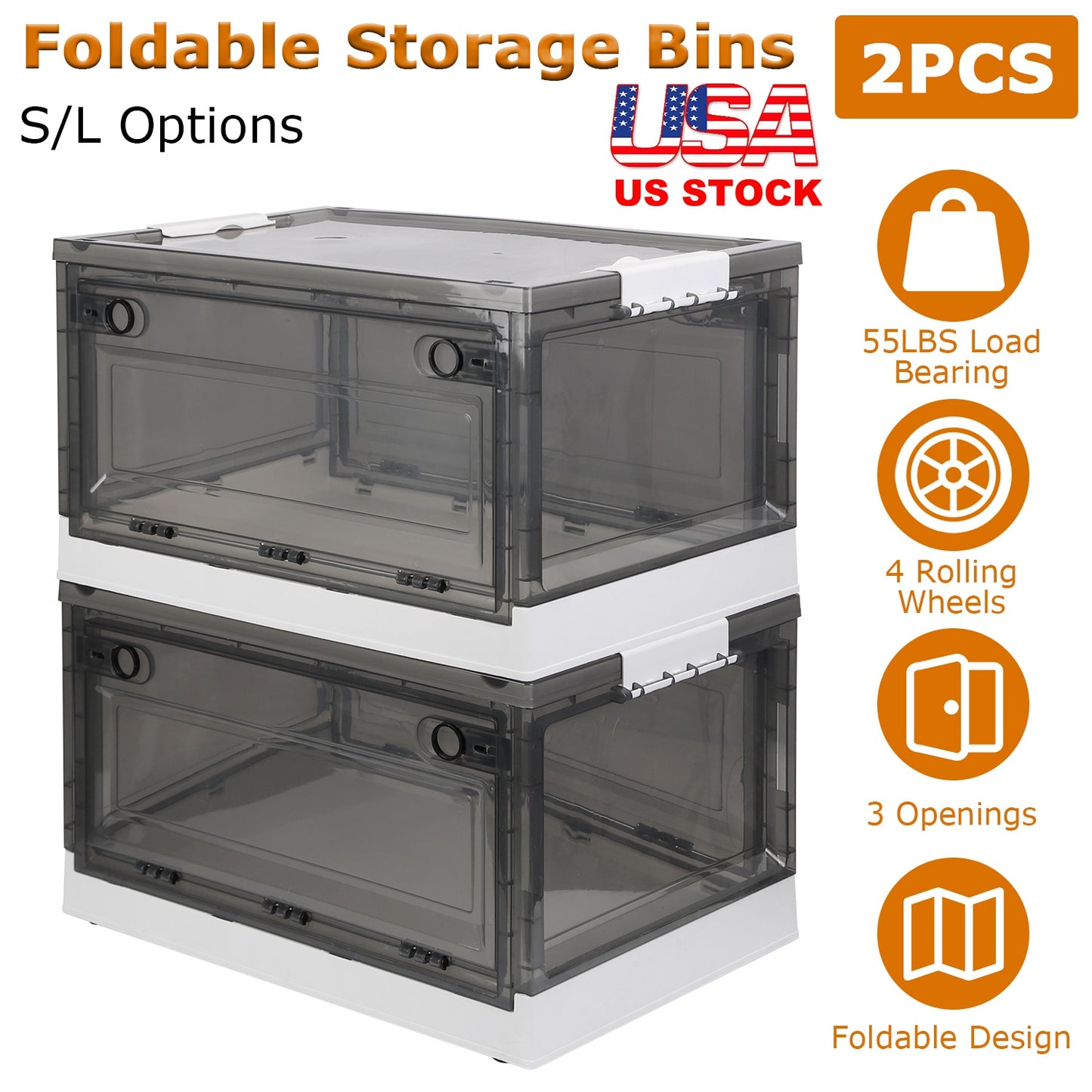 Foldable Storage Bins with Wheels - 2 Pack Stackable Organizer