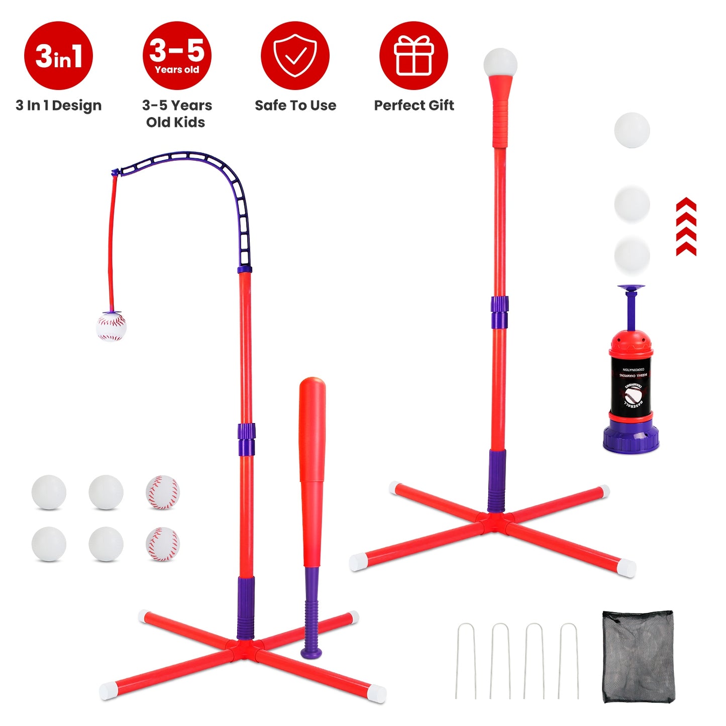 3-in-1 Baseball Toy Set with Adjustable Tee & Launcher