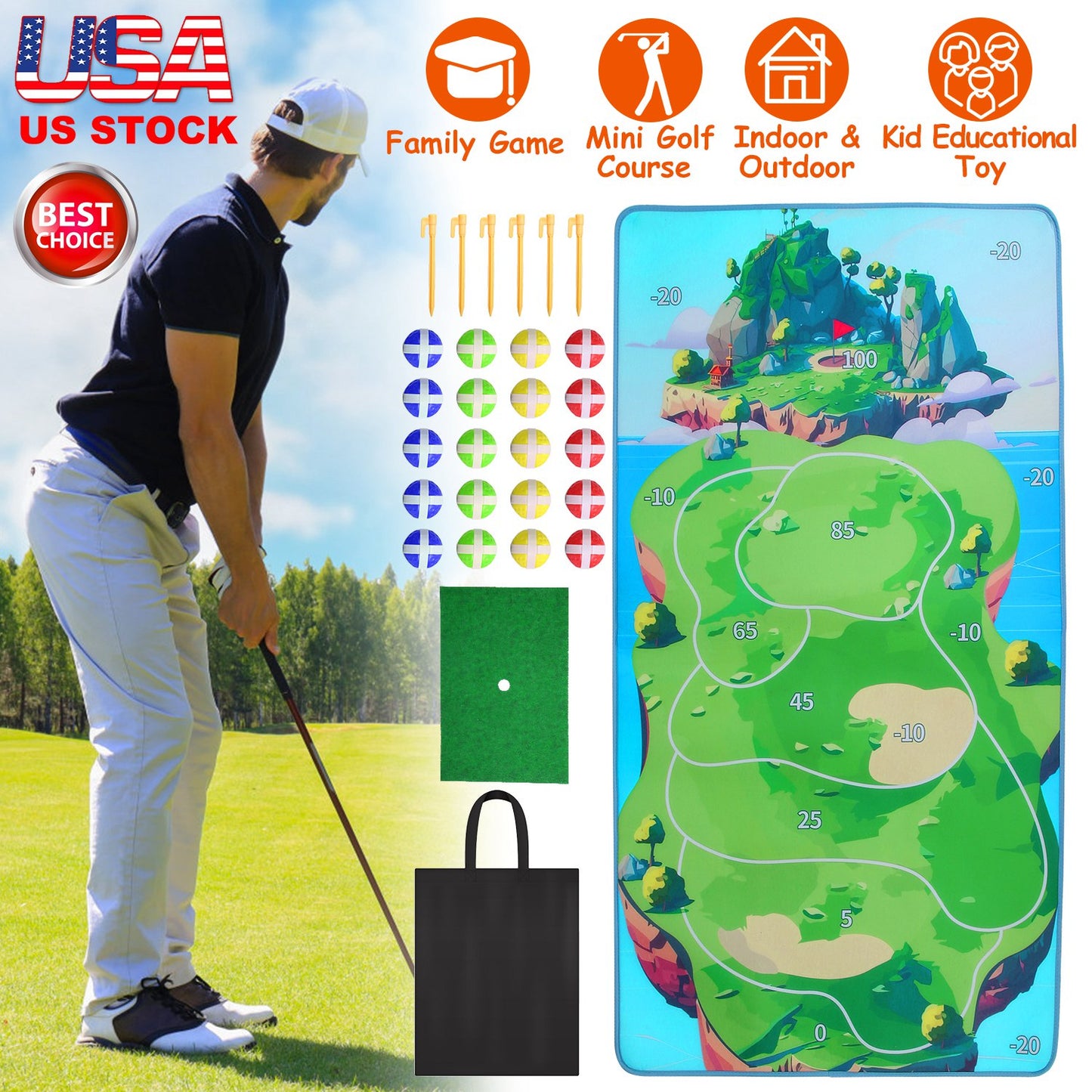 Golf Chipping Game Mat Set with 20 Sticky Balls