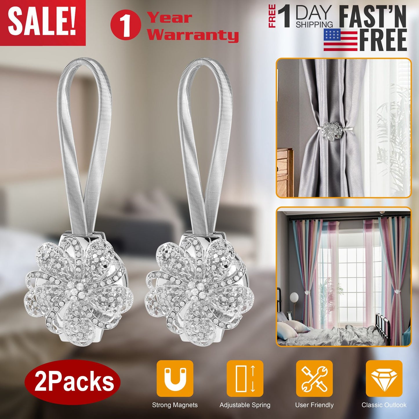 Magnetic Curtain Tiebacks with Floral Crystal Design - 2 Pack