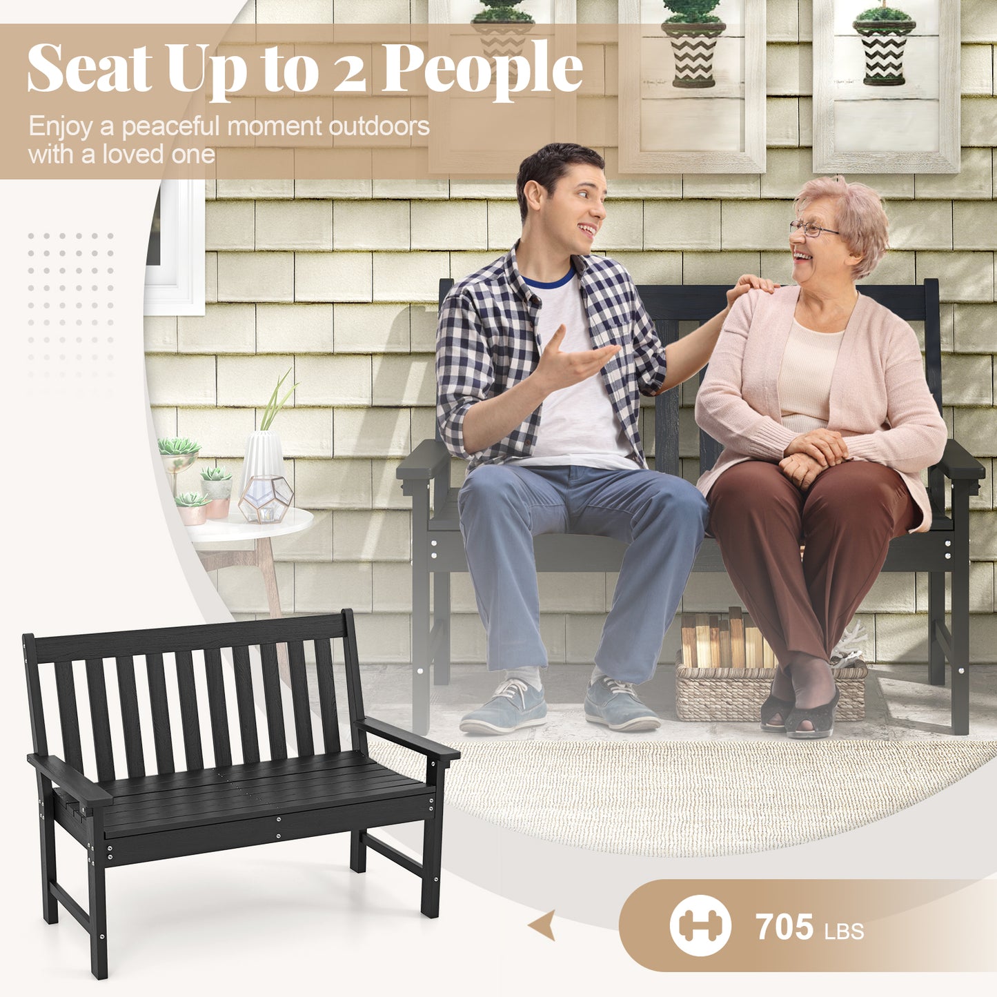 52-Inch Outdoor Bench with Backrest and Armrests