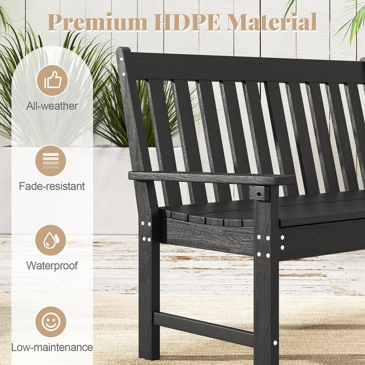 52-Inch Outdoor Bench with Backrest and Armrests