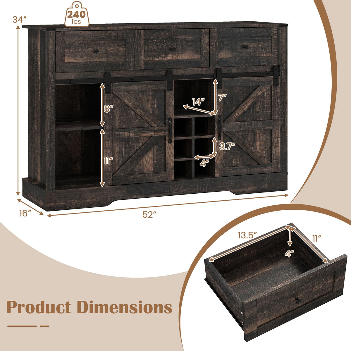 52 Inches Wine Bar Cabinet with LED Lights and Sliding Barn Doors