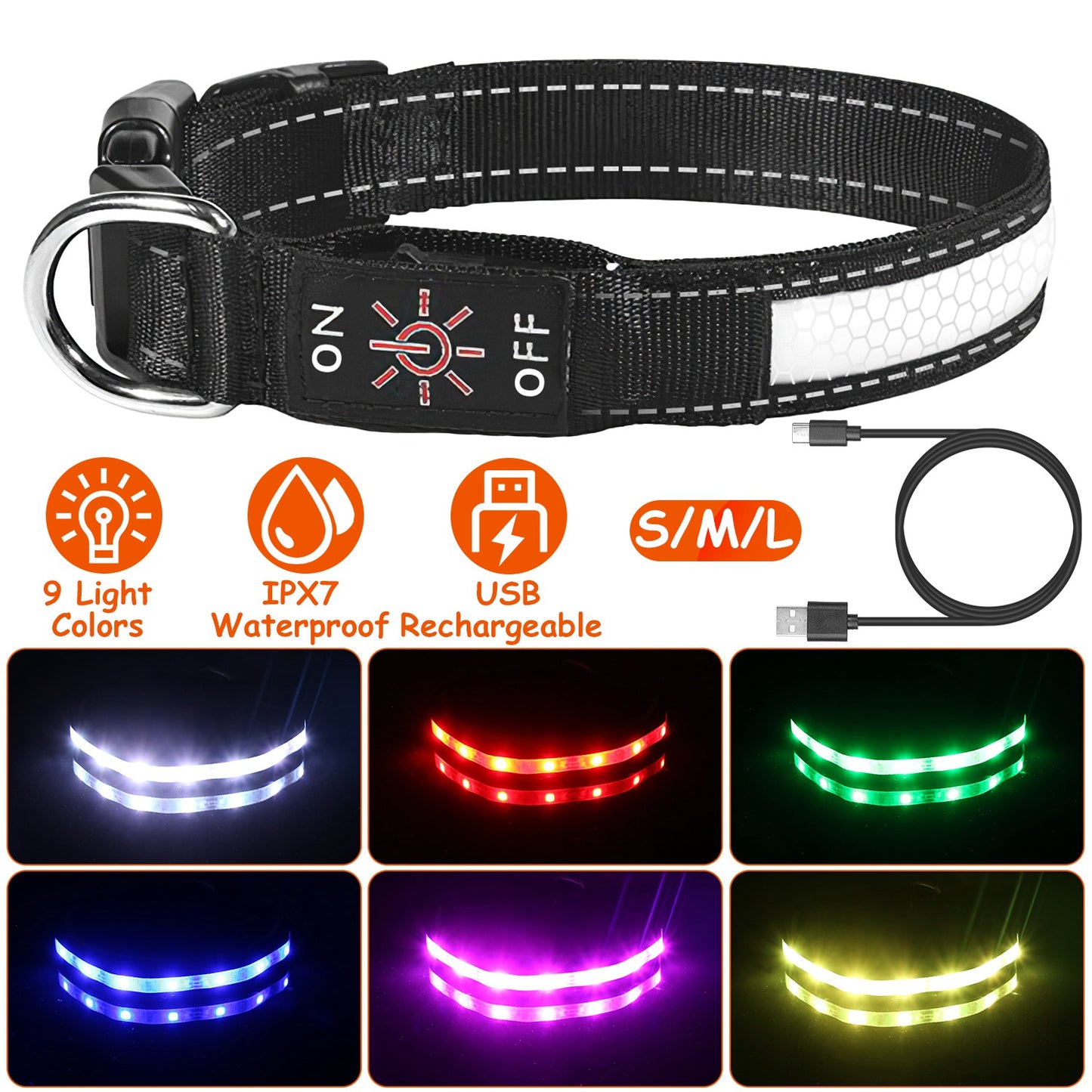 LED Dog Collar with 9 Light Colors - USB Rechargeable Waterproof