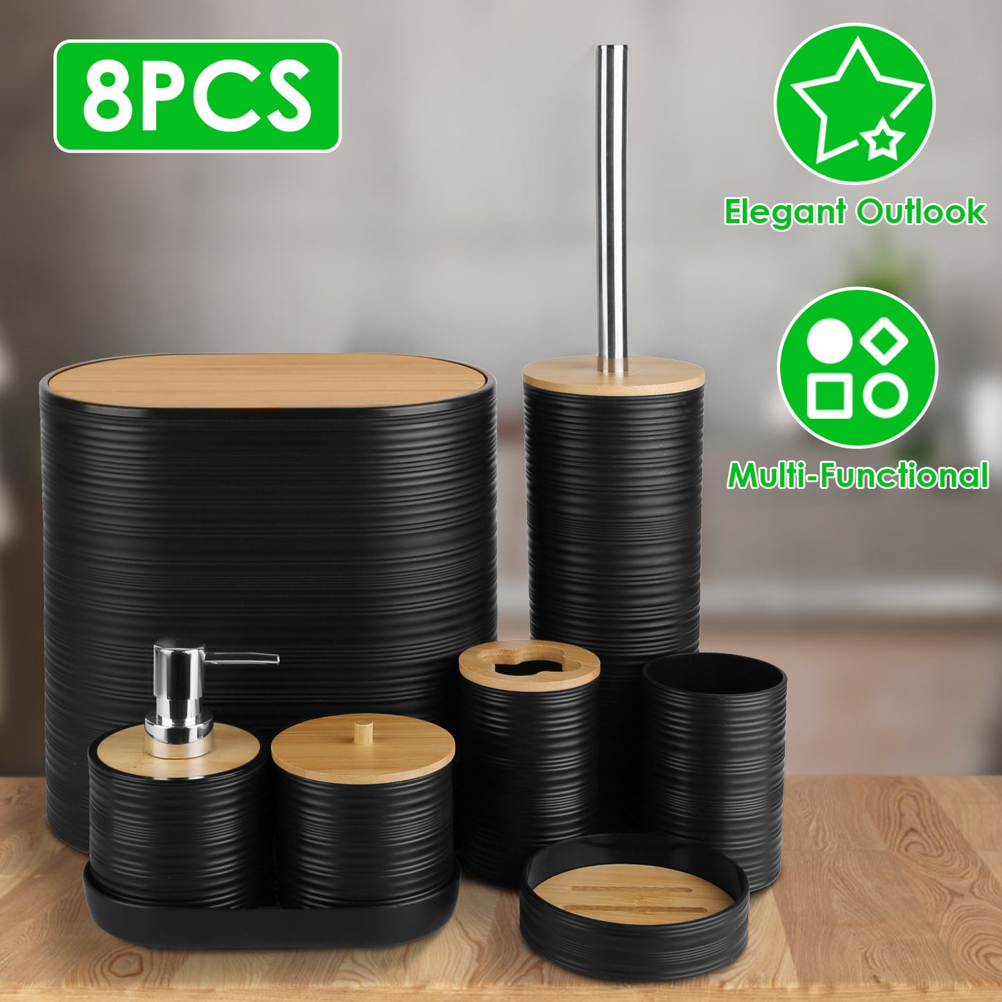 8-Piece Bathroom Accessories Set with Bamboo Accents