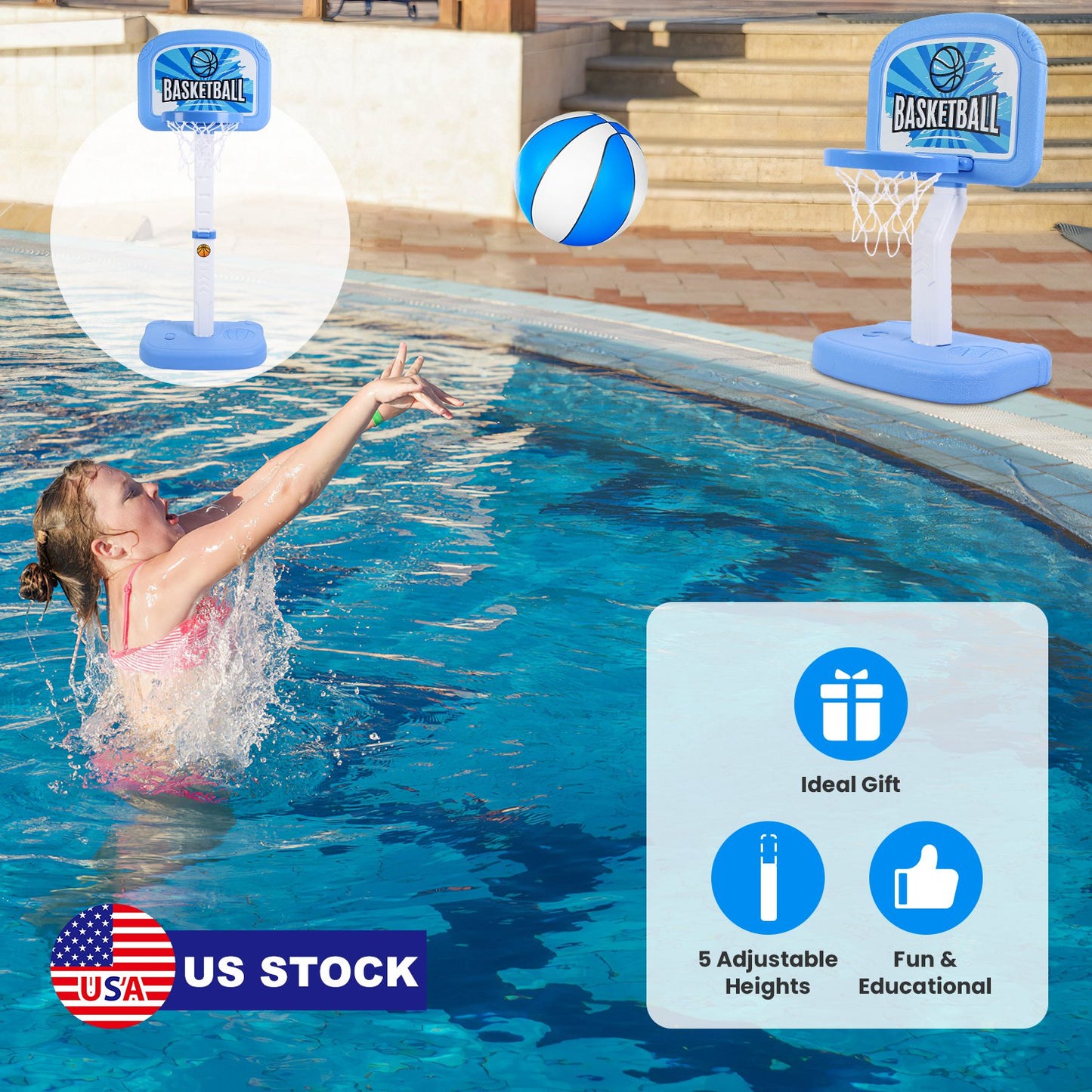 Poolside Basketball Hoop Set with Adjustable Height