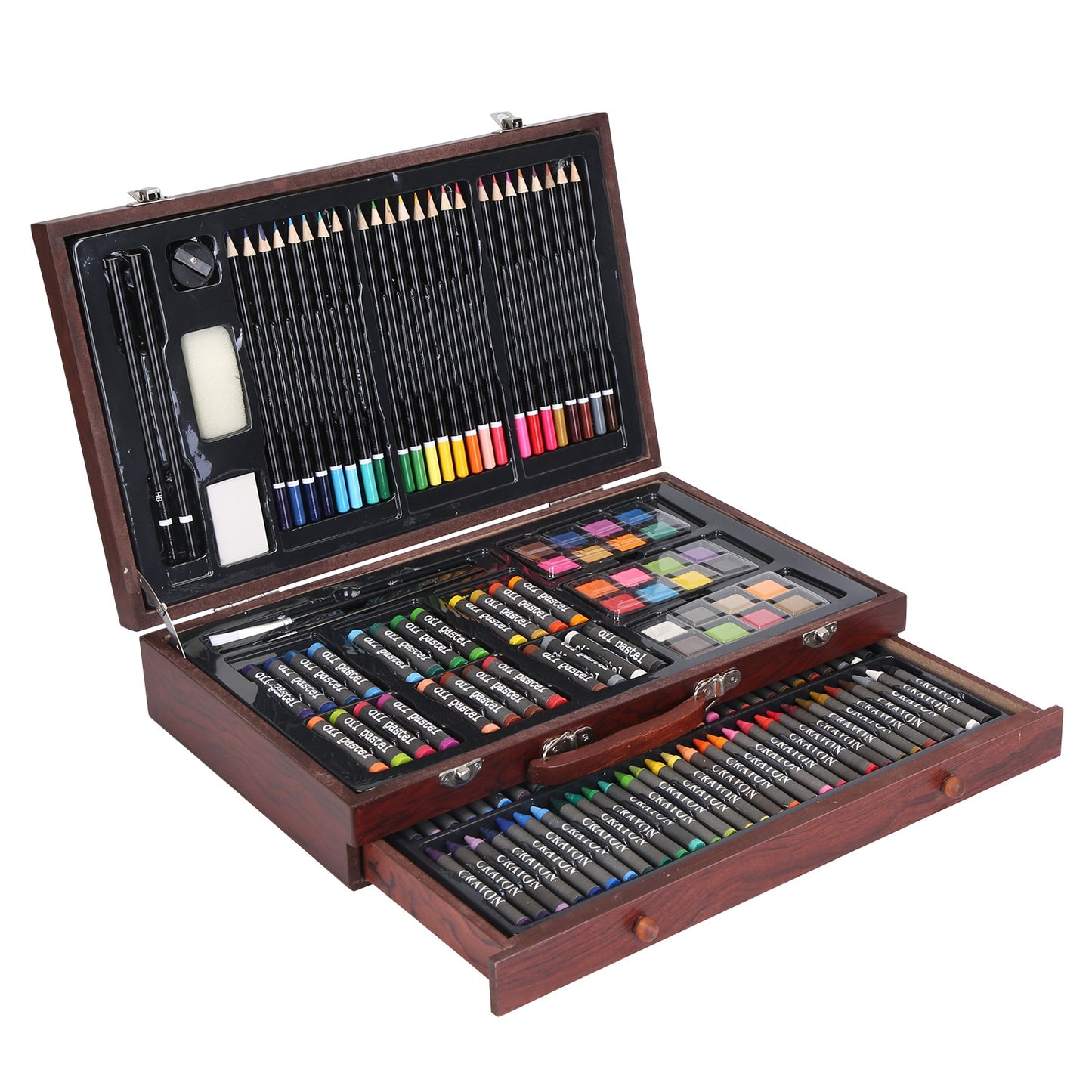140-Piece Art Supply Set in Wooden Box with Pencils & Paints