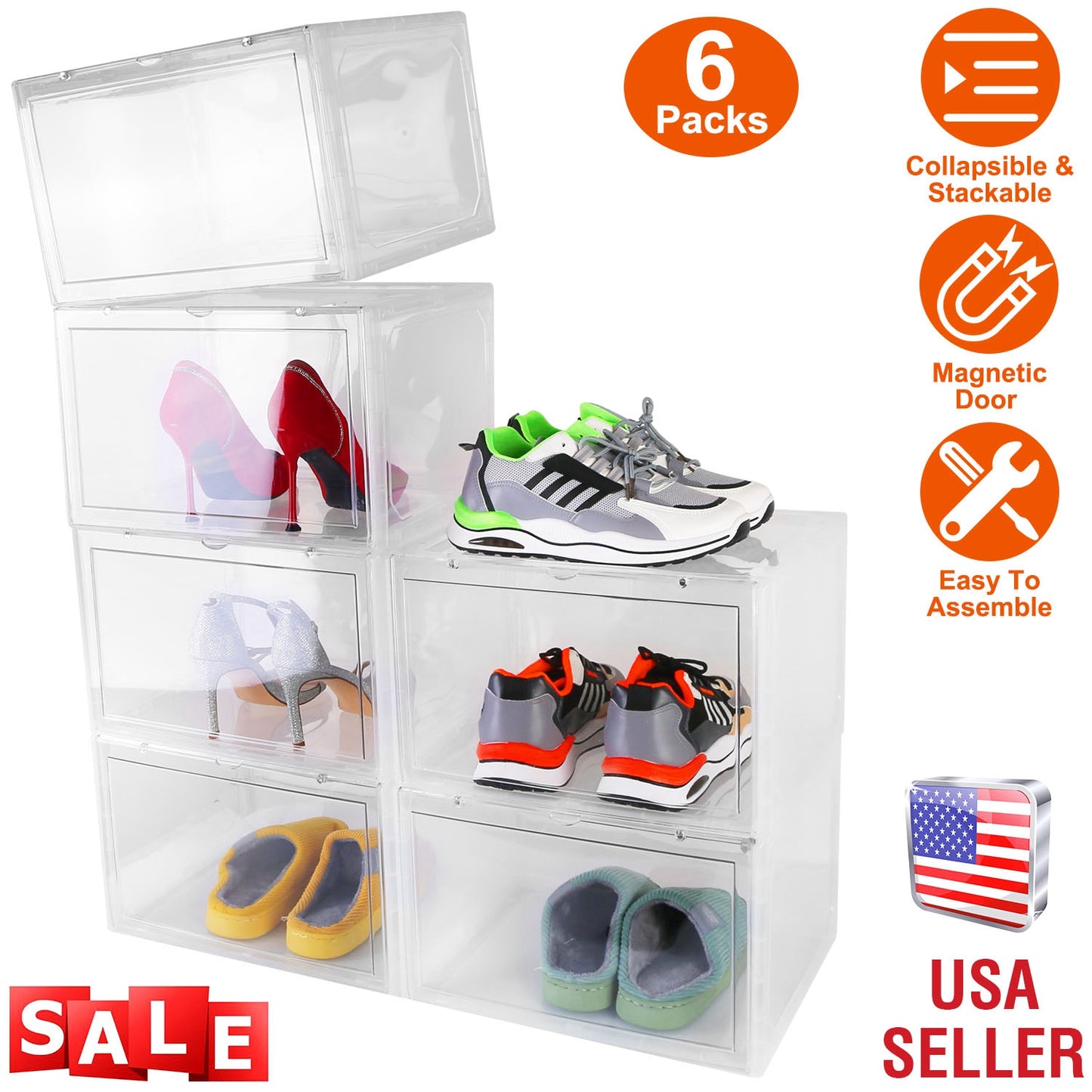 Stackable Shoe Storage Box with Magnetic Door - 6 Pack