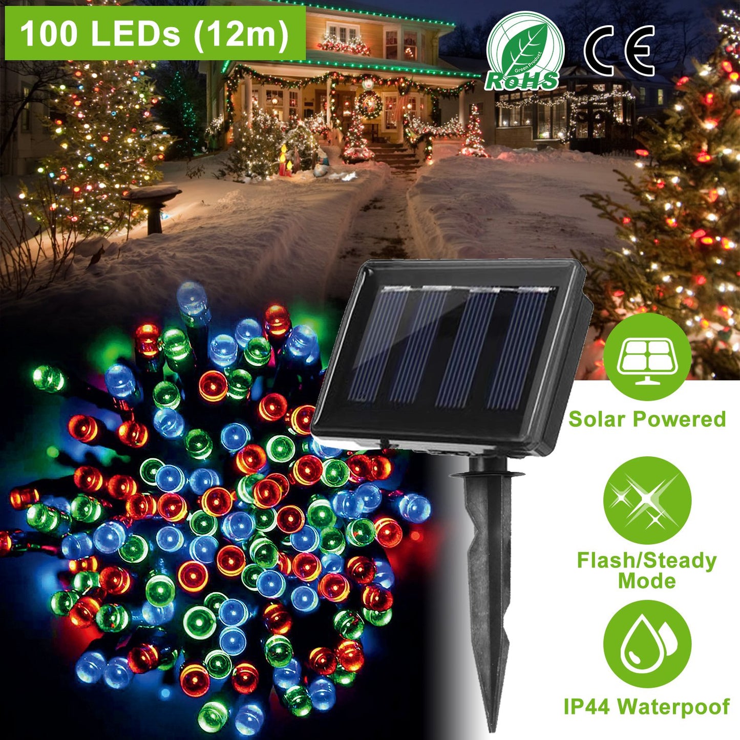 Solar String Lights 100 LED Multicolor 39ft Outdoor Waterproof