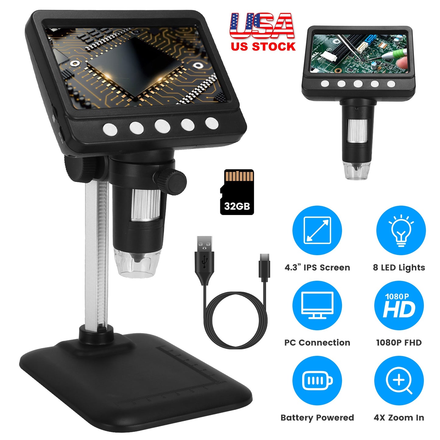 Digital Microscope 1000X with 4.3" LCD Screen and LED Lights