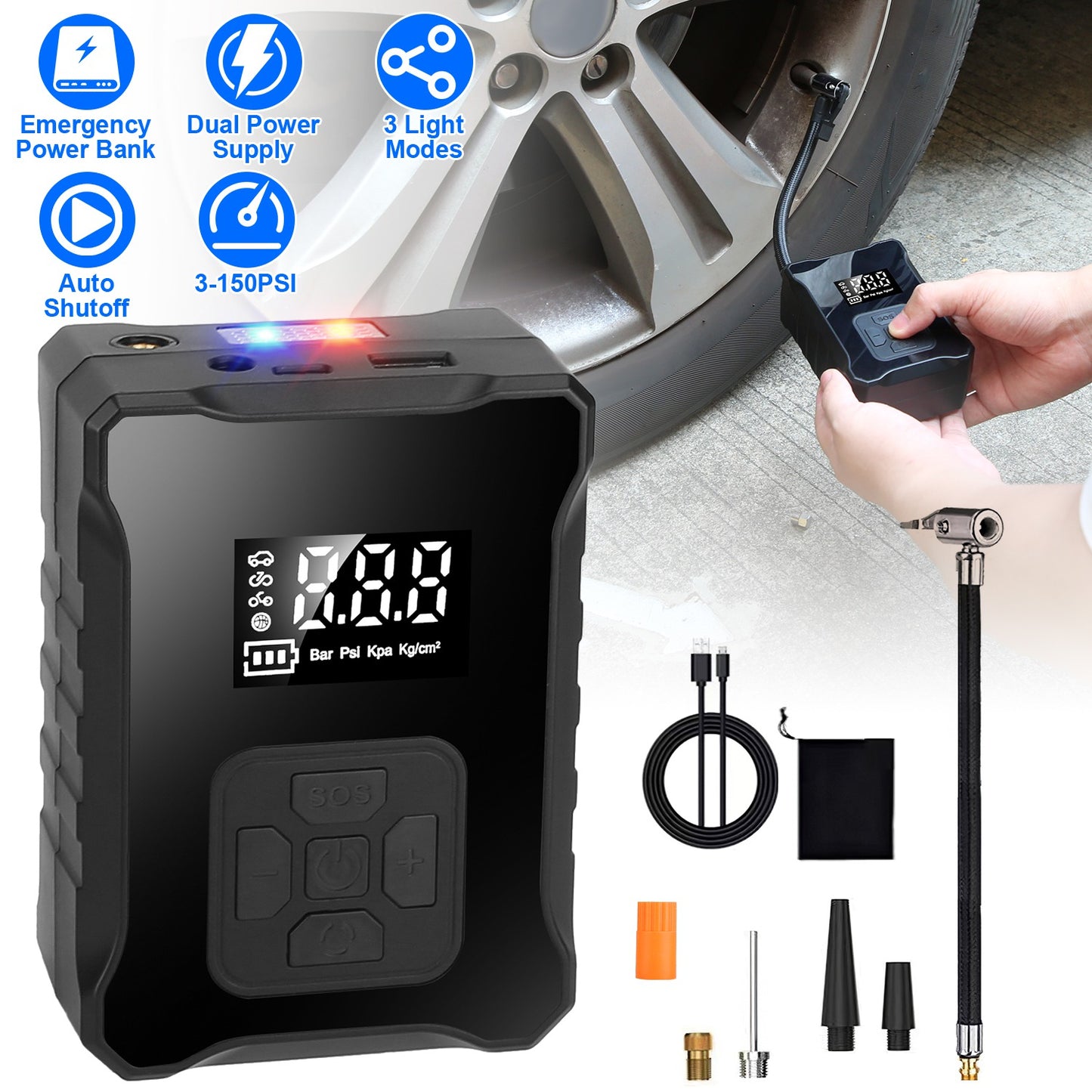 Cordless Tire Inflator 150PSI with LED Light & Power Bank