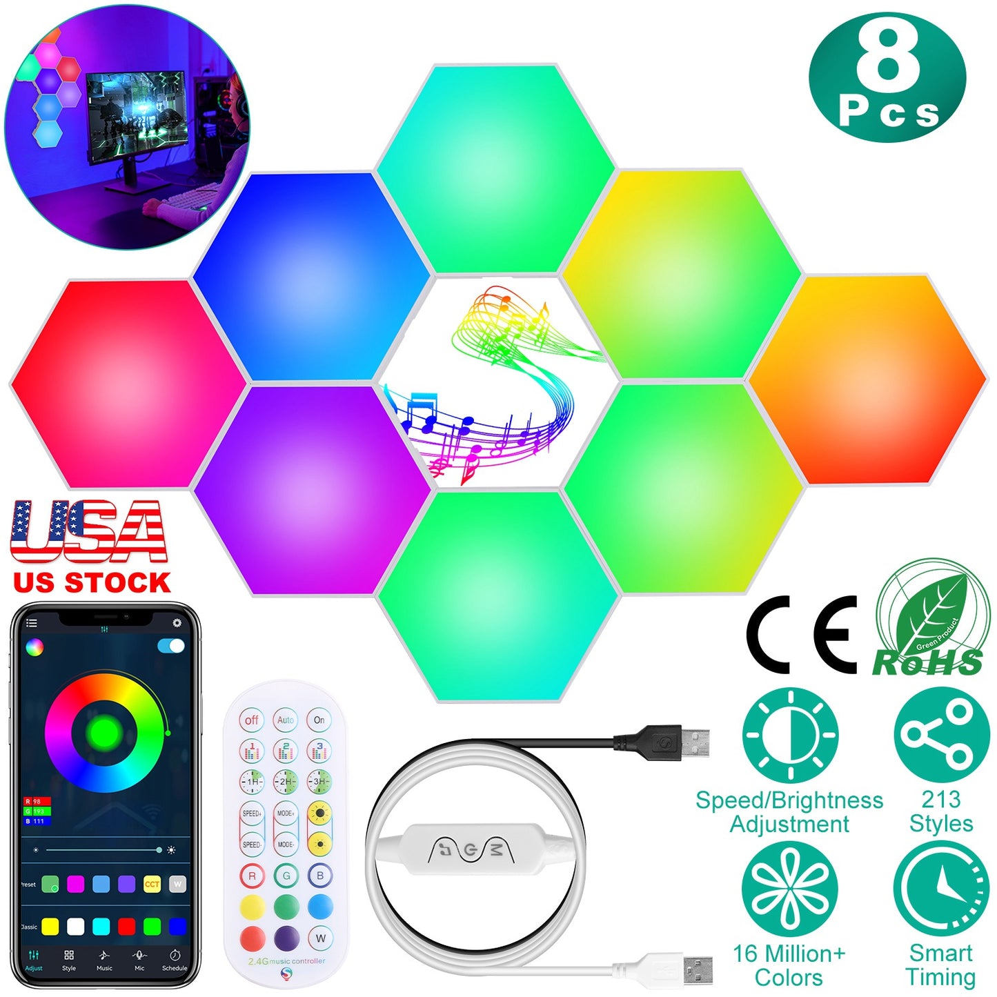 Hexagon Light Panels 8-Pack RGBW Smart LED Wall Lights