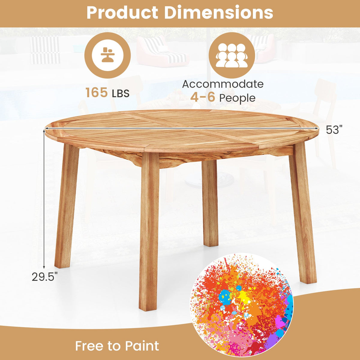 53 Inch Outdoor Acacia Wood Dining Table for 4-6 People