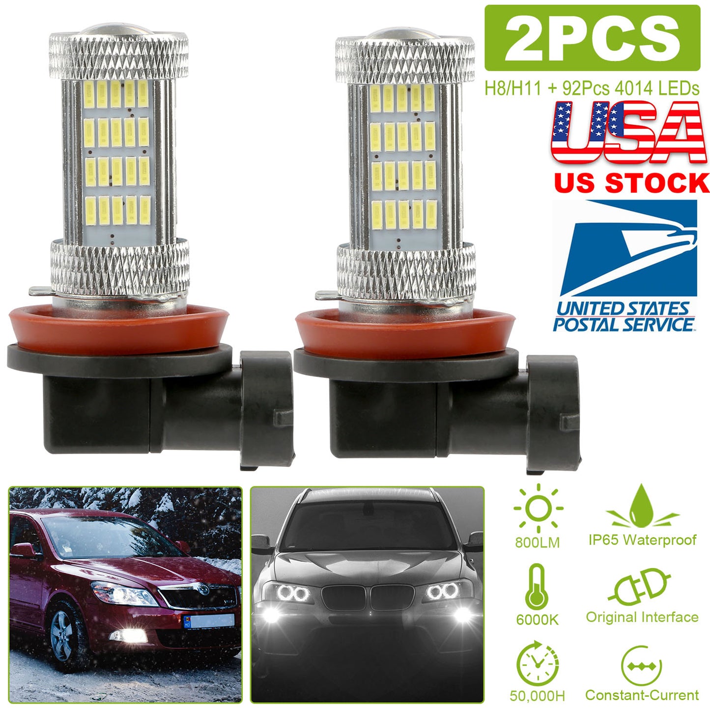 H8/H9/H11 LED Fog Light Bulbs 800lm 6000K White 2-Pack