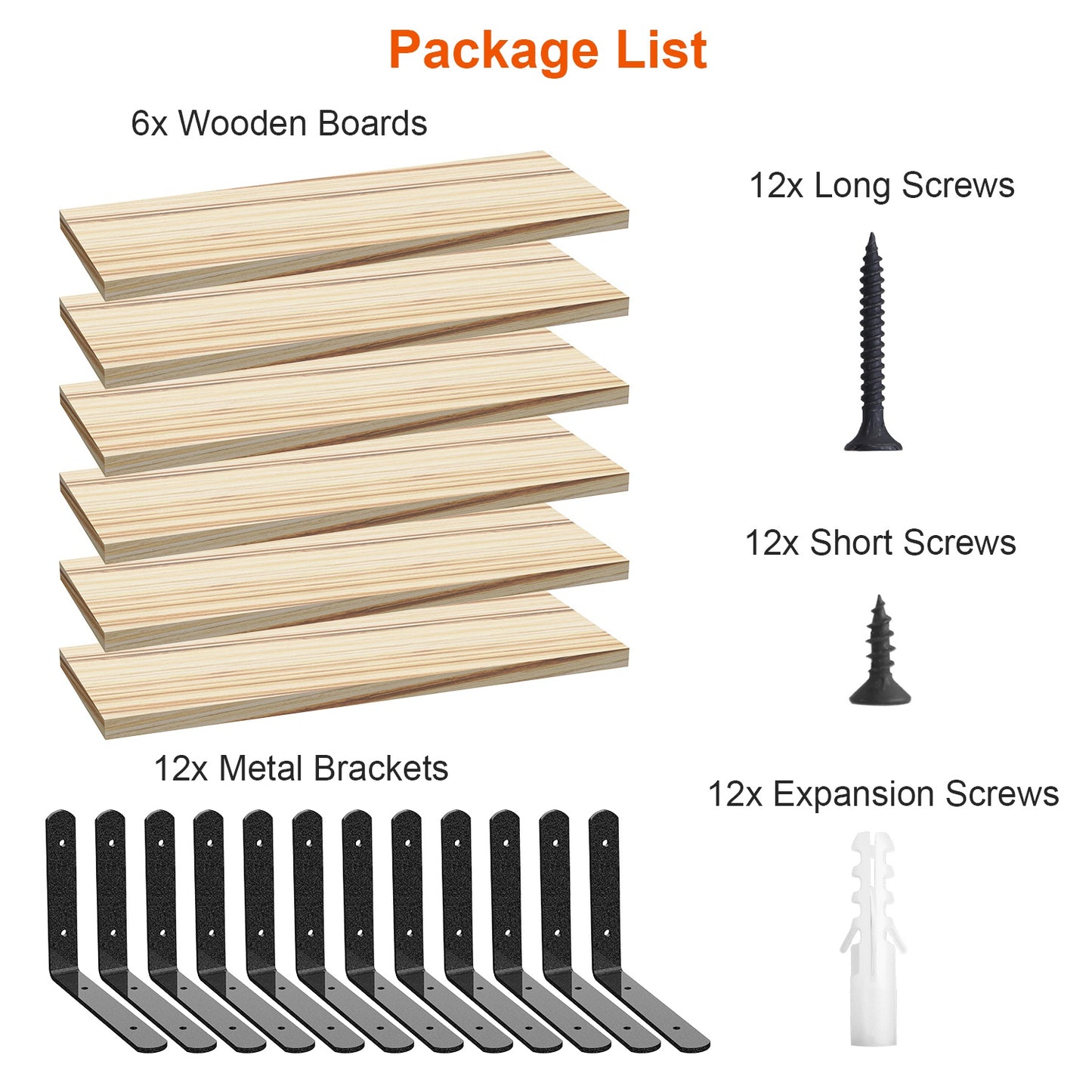 Floating Wall Shelves Set of 6 - Wood & Metal Storage Organizer