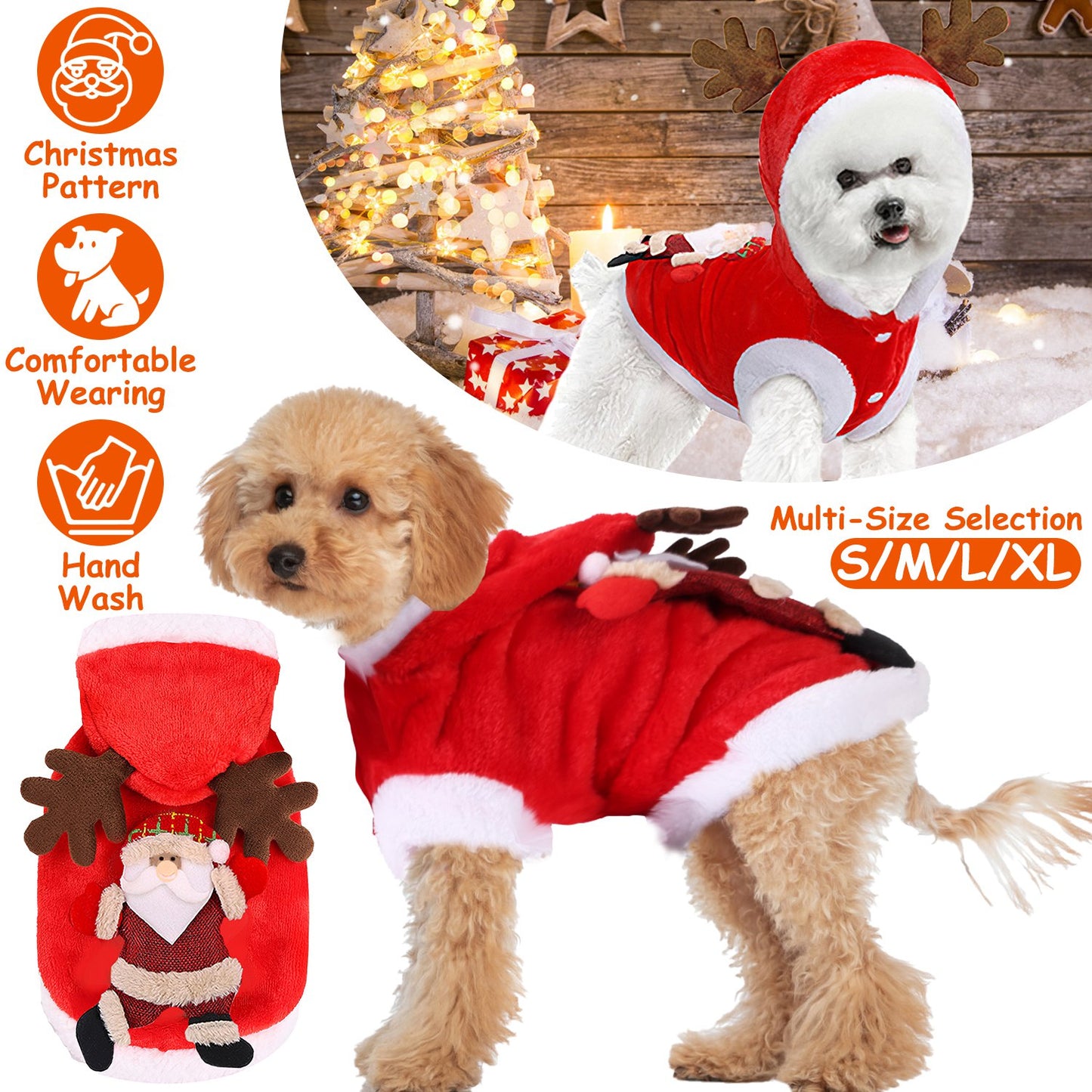 Santa Claus Pet Costume with Reindeer Antlers for Dogs & Cats