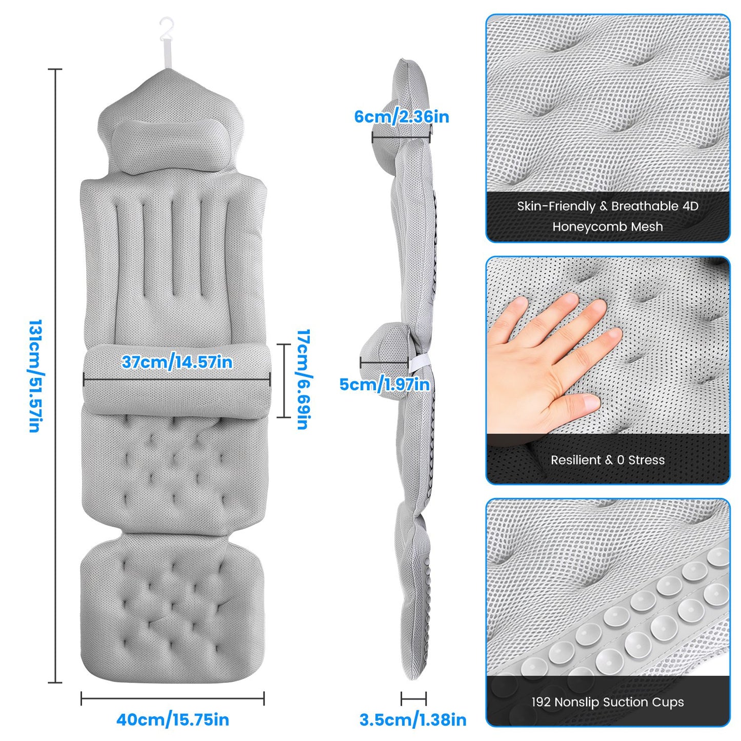 Full Body Bath Pillow with Lumbar Support & Suction Cups